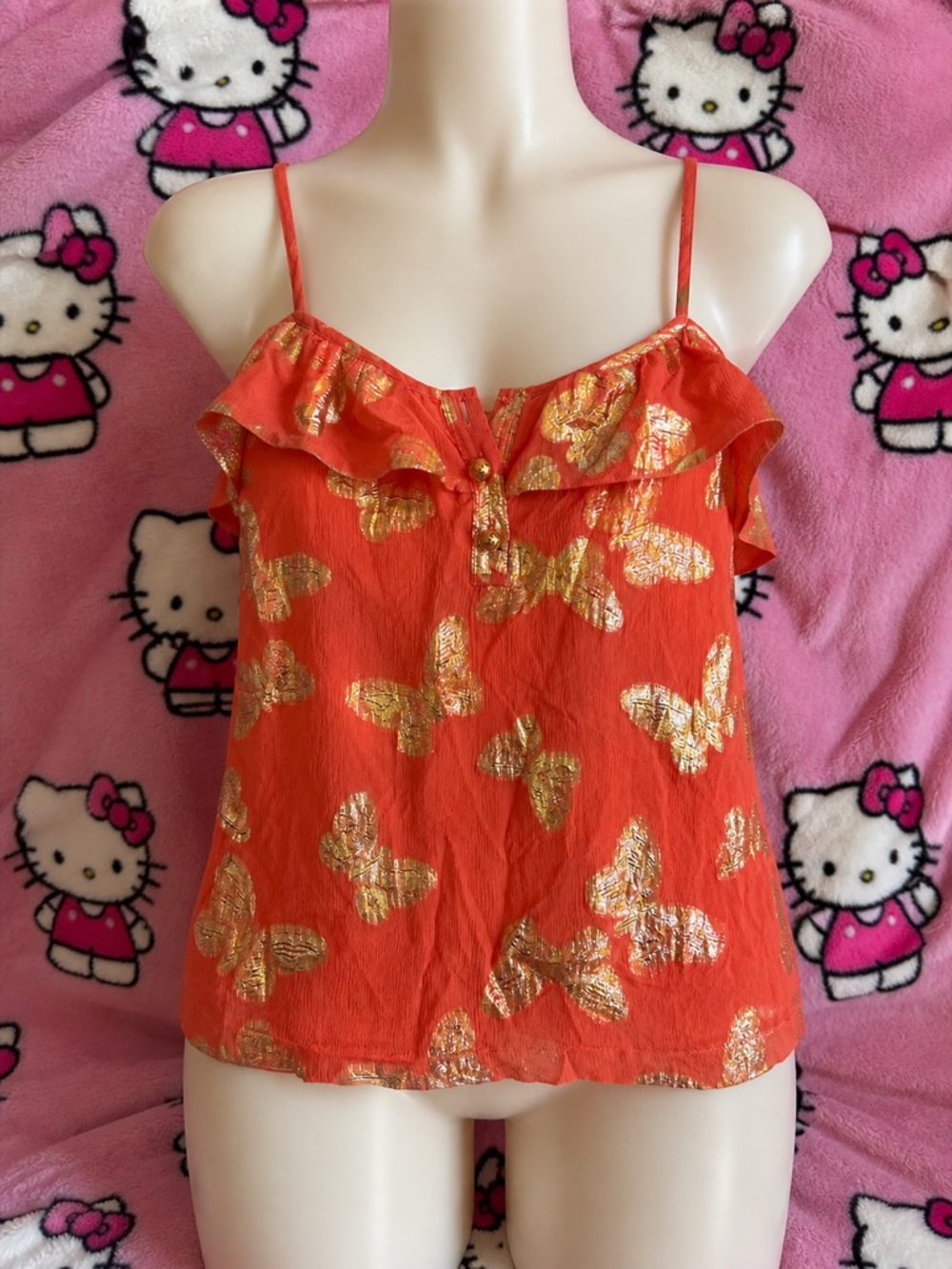 Y2K Juicy Couture Peach Orange Butterfly Tank Gold Metallic Cami Size 2